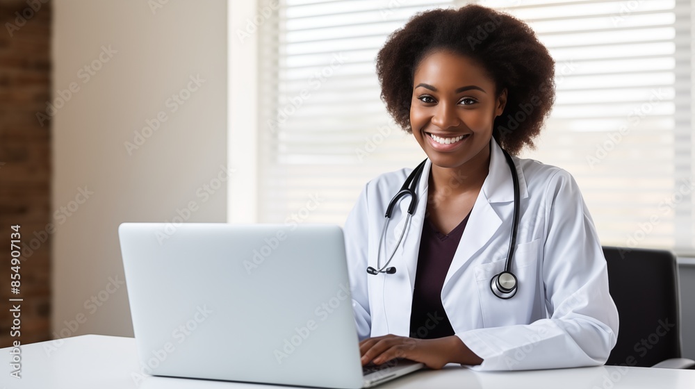 Smiling Female Doctor Sitting at Desk and Working on Laptop. Smiling Female Doctor Sitting at Desk and Working on Laptop.