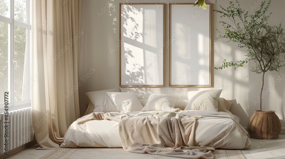 Mockup frame in bedroom interior background, room in light pastel colors Mockup frame in bedroom interior background, room in light pastel colors
