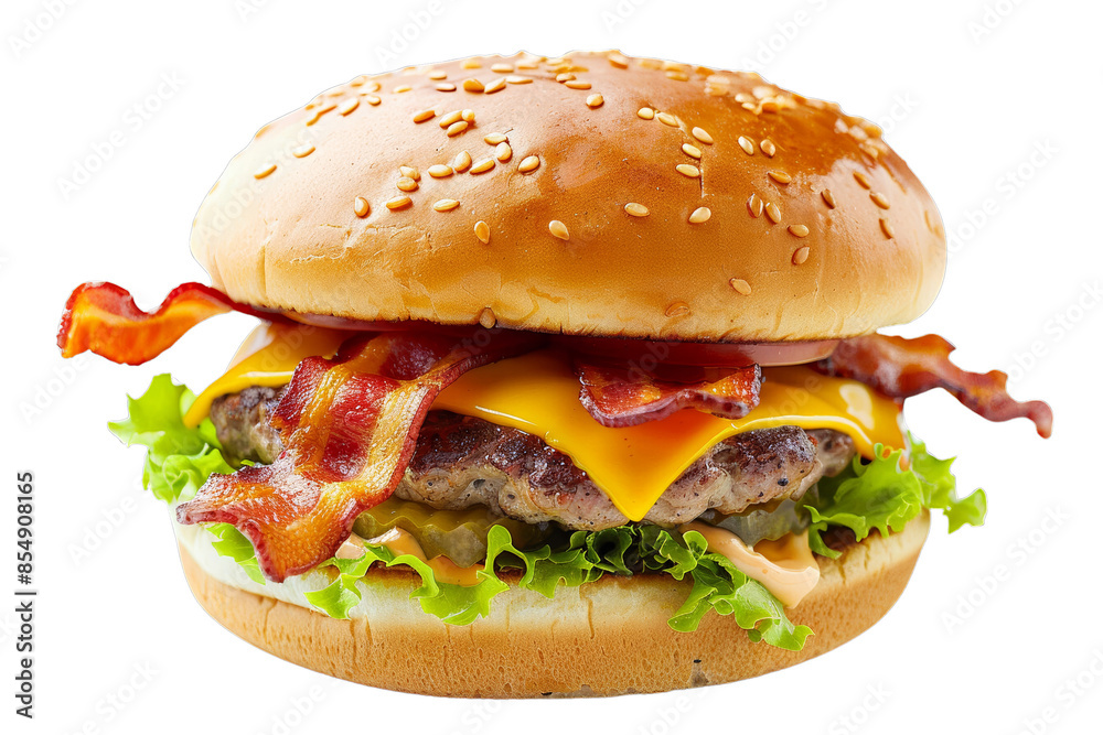 Delicious cheeseburger with crispy bacon, fresh lettuce, and tomato, perfect for gourmet fast food cravings. High-quality stock photo. Delicious cheeseburger with crispy bacon, fresh lettuce, and tomato, perfect for gourmet fast food cravings. High-quality stock photo.