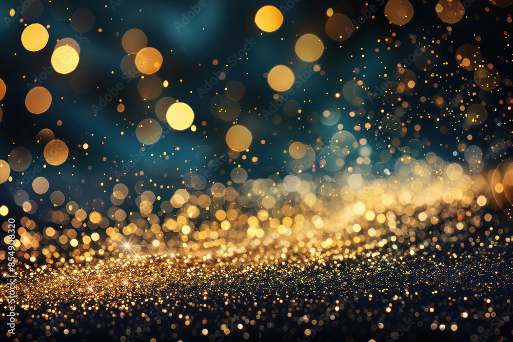A close-up of gold glitter with a dark blue background and out-of-focus golden lights A close-up of gold glitter with a dark blue background and out-of-focus golden lights