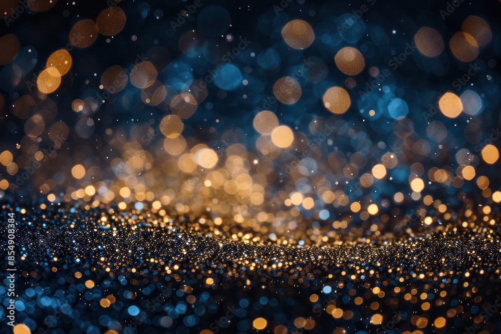 Abstract bokeh background with blue and gold glitter lights on a dark surface Abstract bokeh background with blue and gold glitter lights on a dark surface