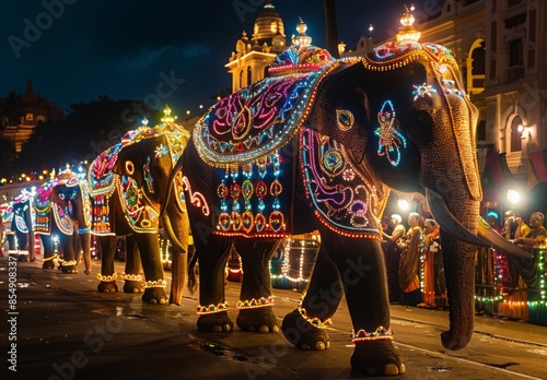 The majestic sight of elaborately decorated elephant processions during the Esala Perahera in Kandy, Sri Lanka, with colorful lights and ancient temples enhancing the scene