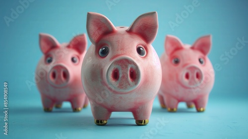 Three pink piggy banks on a pastel blue background symbolize saving, financial planning, and wealth management.