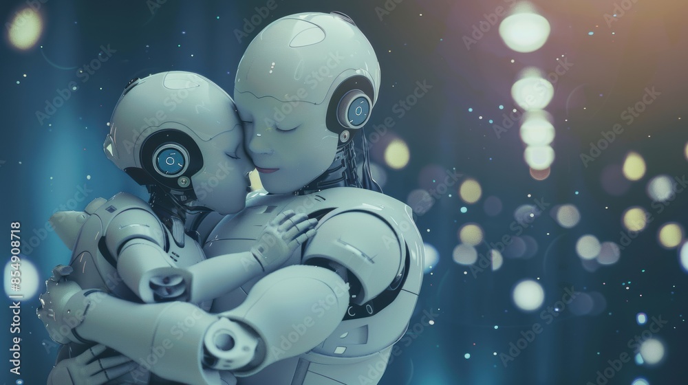 Robot family embraces in a futuristic setting