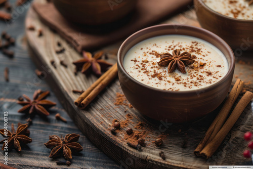 Close-up image of a bowl of creamy winter drink with star anise and cinnamon sticks on a wooden surface