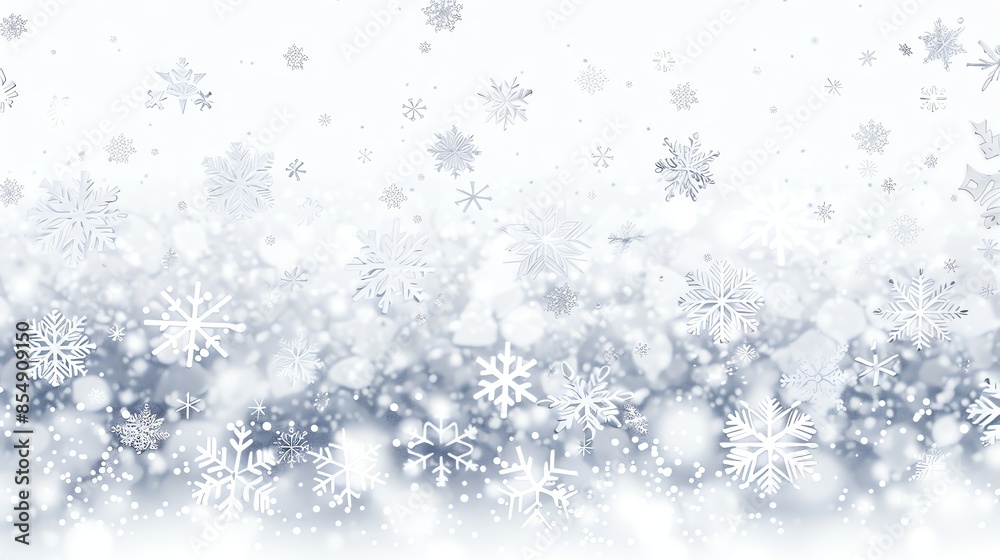 White snowflakes on a blurry white and blue background. White snowflakes on a blurry white and blue background.