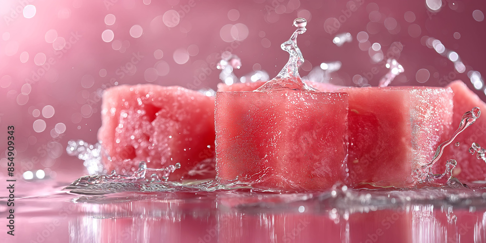 juicy and fresh watermelon cubes with water splashes juicy and fresh watermelon cubes with water splashes
