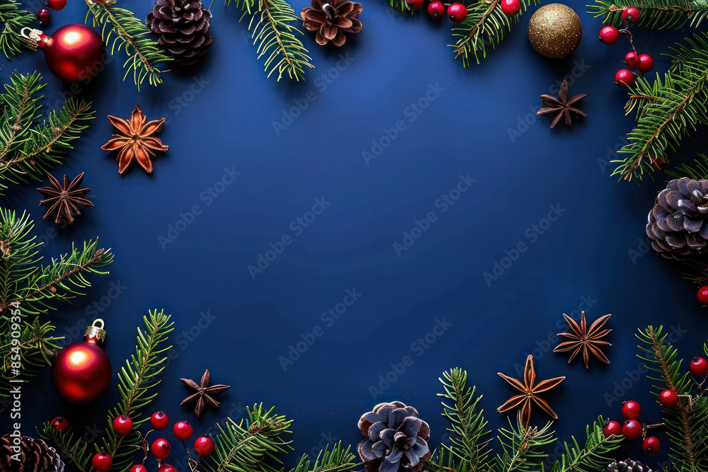 A flat lay of festive Christmas decorations, including pine branches, ornaments, pinecones, and star anise, arranged around a blue background A flat lay of festive Christmas decorations, including pine branches, ornaments, pinecones, and star anise, arranged around a blue background