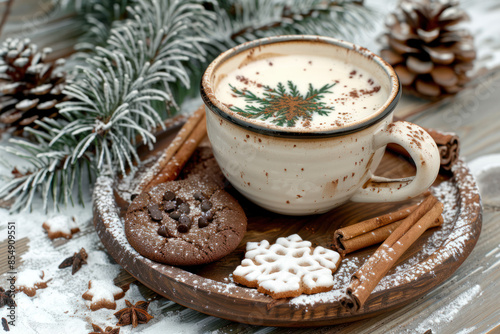 A cozy winter drink in a mug with cinnamon and evergreen, sitting on a wooden tray with treats © reddish