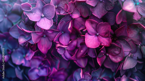 A close-up view of vibrant purple hydrangea blossoms, showcasing the delicate details of the flowers in full bloom #854909593
