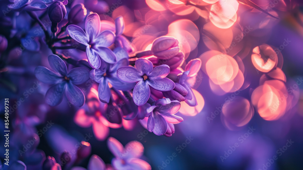 Close-up shot of vibrant purple lilac blossoms bathed in warm spring sunlight Close-up shot of vibrant purple lilac blossoms bathed in warm spring sunlight