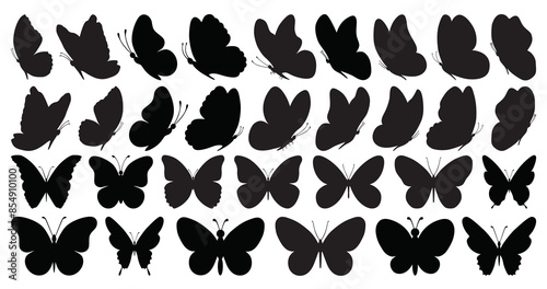 Set of black butterflies isolated on white background, collection of silhouettes. Butterfly black color, flying shape, vector design. Abstract modern monarch butterfly contours for decoration design