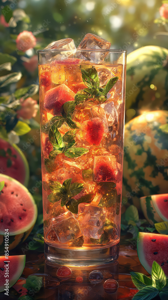 Iced tea with Watermelon, surrounded by watermelons and ice cubes Iced tea with Watermelon, surrounded by watermelons and ice cubes