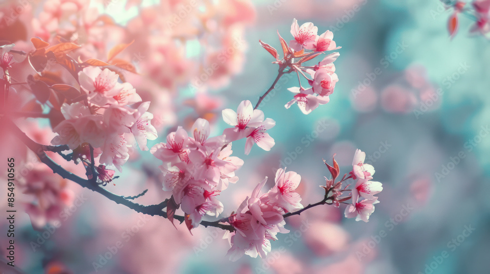 Obraz premium A close-up of delicate pink cherry blossoms blooming on a branch in a springtime setting