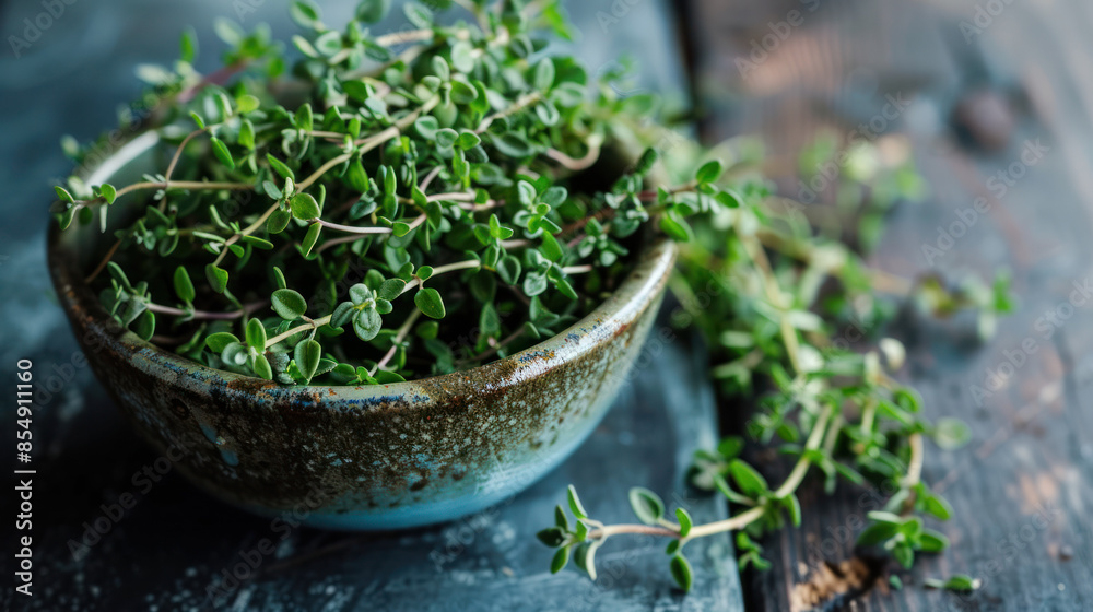 A close-up shot of fresh thyme sprigs in a rustic bowl, resting on a wooden table. The thyme is green and vibrant, and the bowl has a worn, earthy texture A close-up shot of fresh thyme sprigs in a rustic bowl, resting on a wooden table. The thyme is green and vibrant, and the bowl has a worn, earthy texture