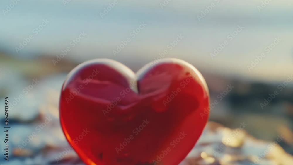 A heart-shaped object with a deep red color sits atop a rock, potentially used in a decorative or symbolic context A heart-shaped object with a deep red color sits atop a rock, potentially used in a decorative or symbolic context
