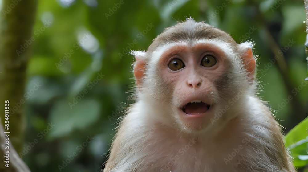 Fototapeta premium a monkey with open mouth sitting in tree looking at camera