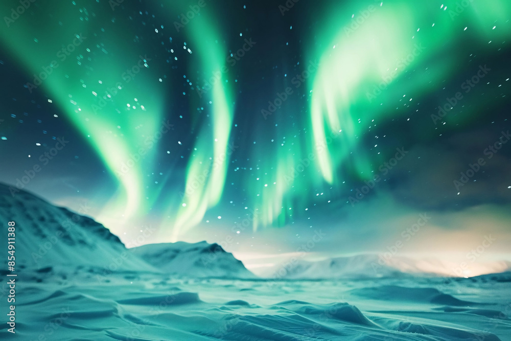 Fototapeta premium Aurora in the night sky, Northern Lights landscape background, Arctic region bright light starry sky background
