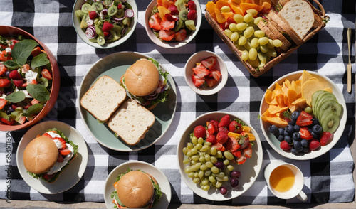 Top view shot of a picnic spread on a checkered blanket with a variety of sandwiches, fruits, and colorful salads