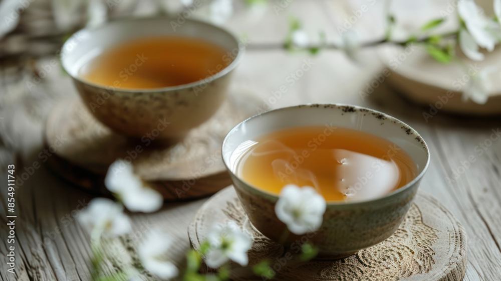 Two porcelain teacups filled with golden tea sit on a rustic wooden tabletop, surrounded by delicate white blossoms Two porcelain teacups filled with golden tea sit on a rustic wooden tabletop, surrounded by delicate white blossoms