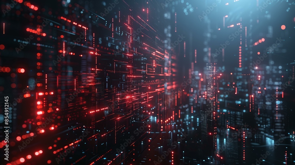 Abstract digital cityscape with glowing red and blue lights representing data and technology. Abstract digital cityscape with glowing red and blue lights representing data and technology.