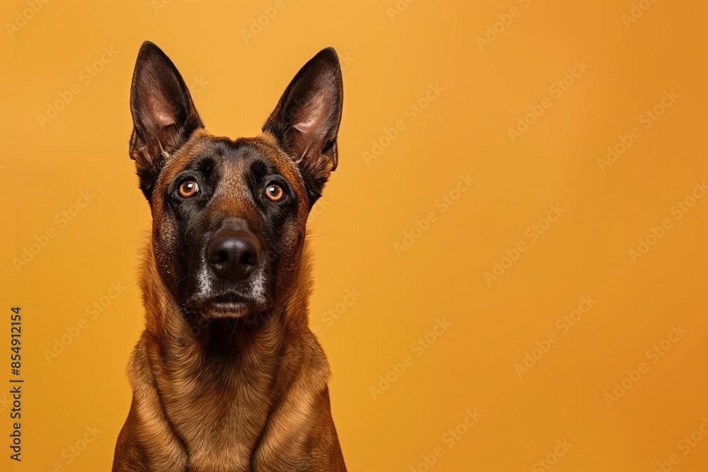 Obraz premium Belgian Malinois dog on minimalistic colorful background with Copy Space. Perfect for banners, veterinary ads, pet food promotions, and minimalist designs.