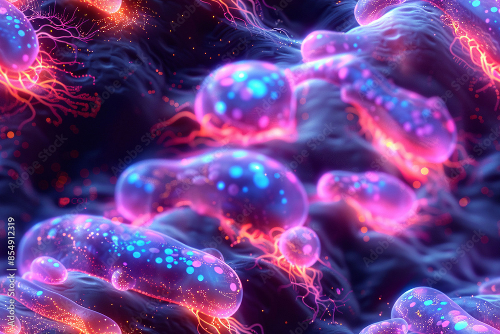 Close-up of bacteria and viruses under microscope, 3d illustration of science concept Close-up of bacteria and viruses under microscope, 3d illustration of science concept