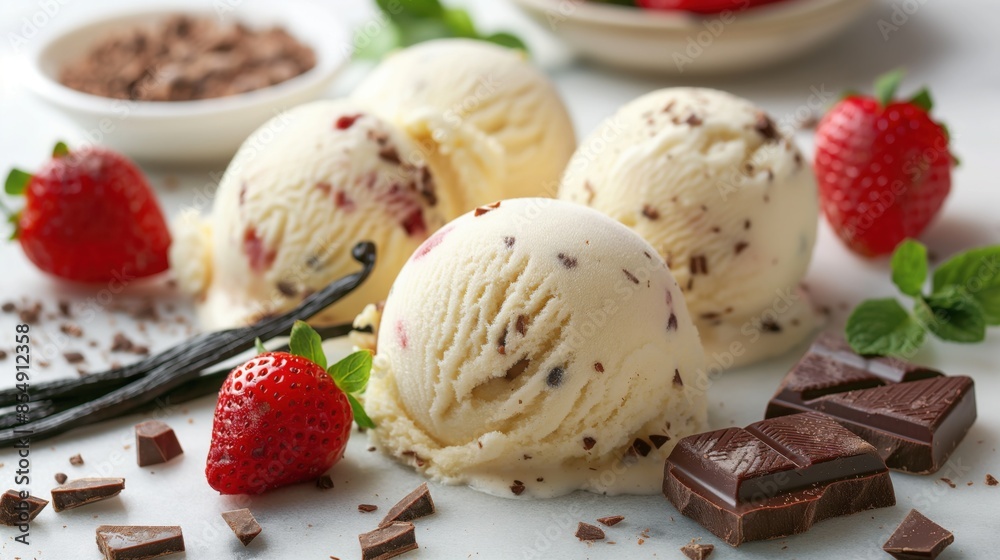 Delicious ice cream balls on the table with mint leaves, pieces of chocolate and strawberries Delicious ice cream balls on the table with mint leaves, pieces of chocolate and strawberries