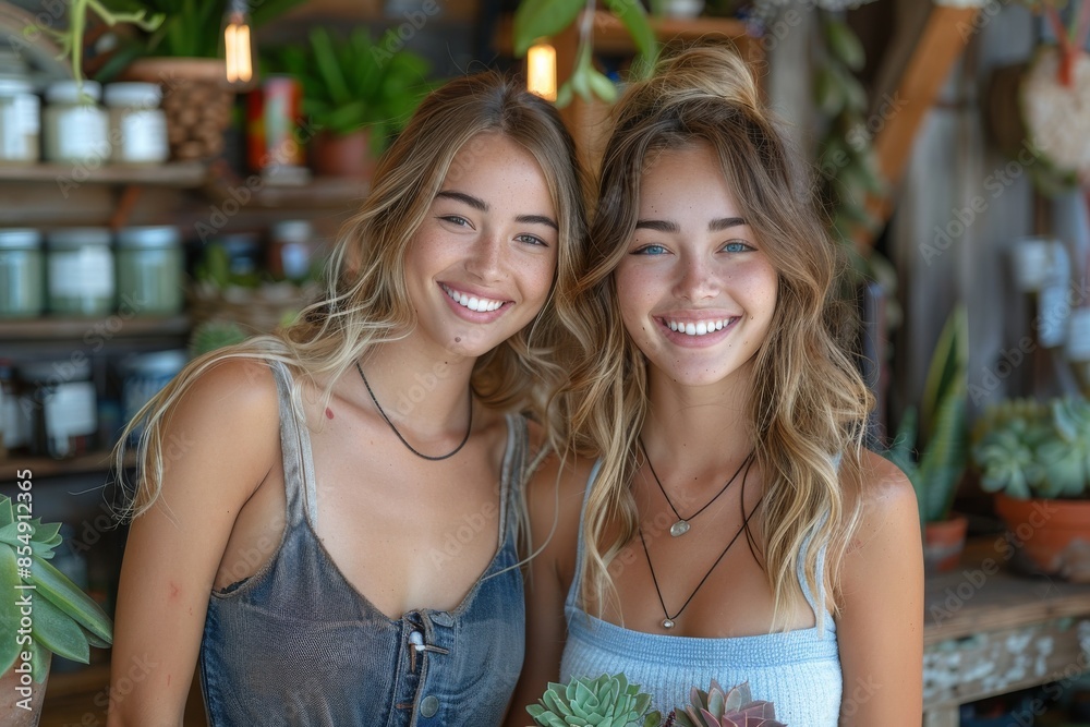 Against a backdrop of lush green foliage, a lively portrait portrays the carefree spirit of two European women as they embrace the beauty together. Against a backdrop of lush green foliage, a lively portrait portrays the carefree spirit of two European women as they embrace the beauty together.