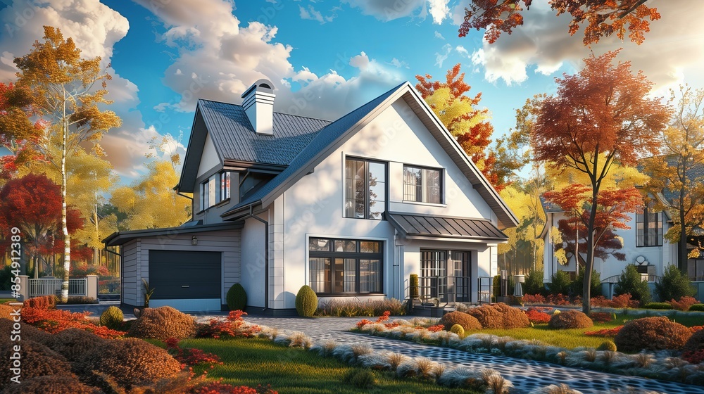 Charming suburban house surrounded by vibrant autumn foliage under a clear blue sky with fluffy clouds. Charming suburban house surrounded by vibrant autumn foliage under a clear blue sky with fluffy clouds.