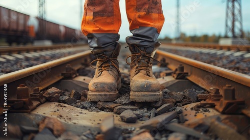 Railway worker standing on the tracks wearing orange workwear and brown boots