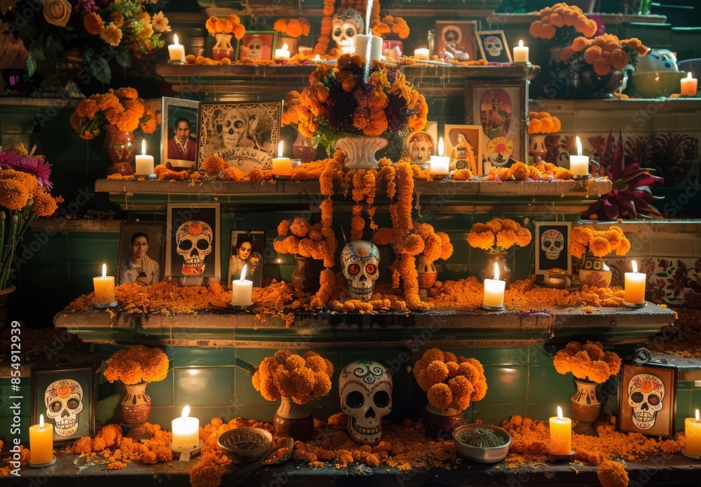 The traditional Day of the Dead altars in Mexico, elaborately decorated with marigolds, sugar skulls, candles, and photographs of loved ones, capturing the deep cultural heritage and respect The traditional Day of the Dead altars in Mexico, elaborately decorated with marigolds, sugar skulls, candles, and photographs of loved ones, capturing the deep cultural heritage and respect