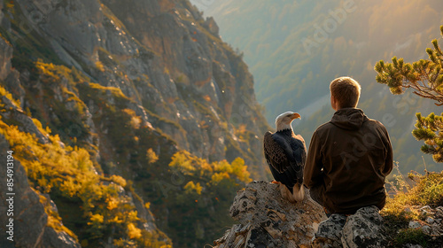 Person and bald eagle sitting on a rock overlooking a mountain valley