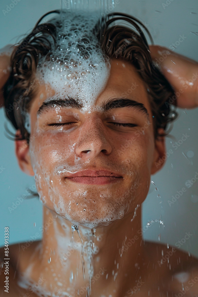 Man washing his hair under a shower with eyes closed and a smile, covered in soap and water Man washing his hair under a shower with eyes closed and a smile, covered in soap and water