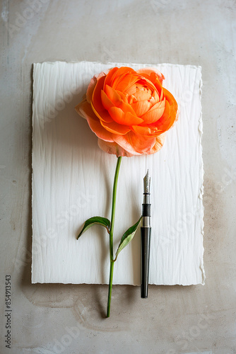 Elegant orange flower and pen on textured paper, perfect for writing or floral-themed designs photo