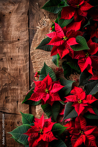 Vibrant poinsettia flowers on rustic wood, representing Christmas and festive decoration photo