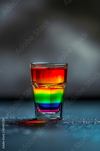 Rainbow layered shot drink in a glass, ideal for colorful and festive party themes