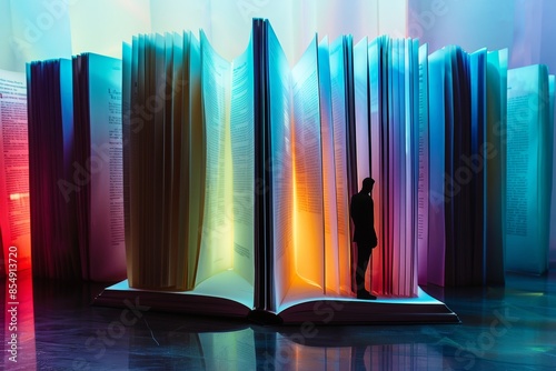 A silhouette of a man stands among illuminated open book pages, giving a sense of scale