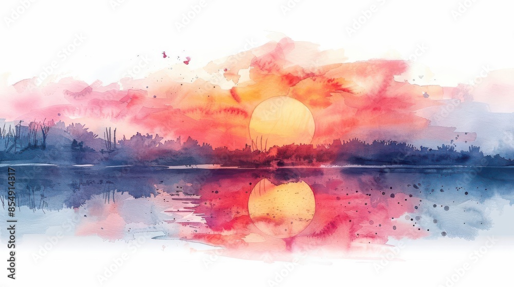 Serene landscape watercolor painting of a sunset Serene landscape watercolor painting of a sunset