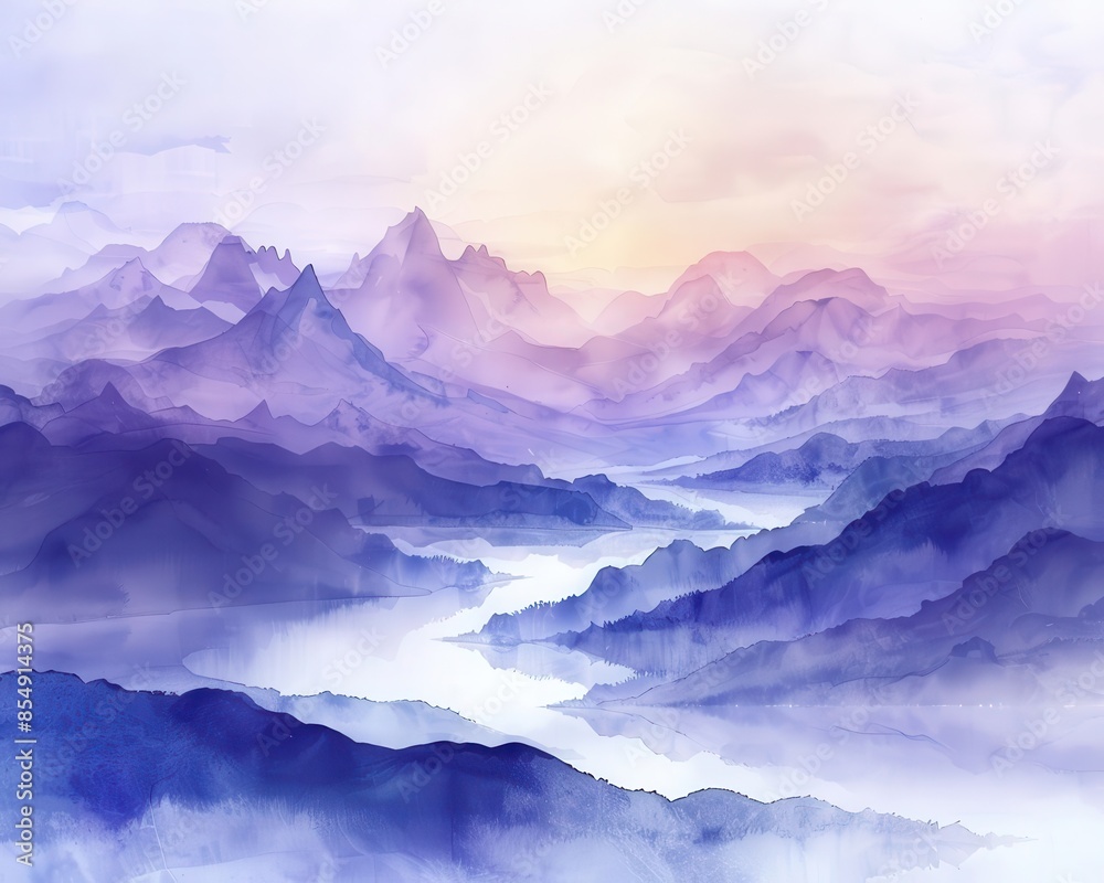 Misty mountains at dawn captured in a serene watercolor painting Misty mountains at dawn captured in a serene watercolor painting