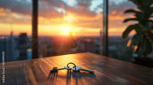 Fototapeta Naklejka Na Ścianę i Meble -  Keys resting on wooden table in new apartment with sunset view