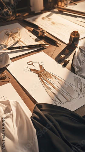 Fashion sketches scattered on a minimalist table, highlighting the elegant and modern design process, with sleek drawing tools and design references,