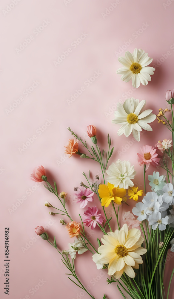 Obraz premium Spring flowers on a pastel colored paper texture background with copy space