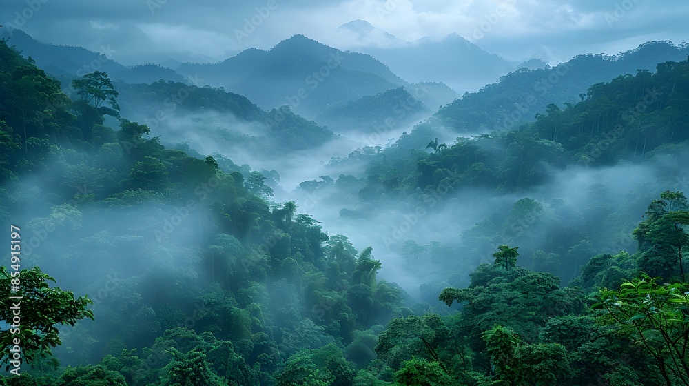 Misty Mountain Rainforest Landscape in Lush Tropical Environment with Atmospheric Fog and Dramatic Scenery Misty Mountain Rainforest Landscape in Lush Tropical Environment with Atmospheric Fog and Dramatic Scenery