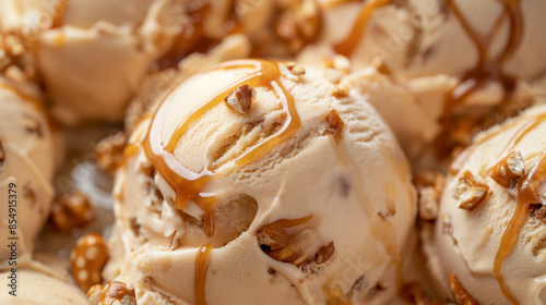 Decadent salted caramel and pretzel ice cream, a closeup of decadent salted caramel and pretzel ice cream, its rich color and bits of pretzel against a white background