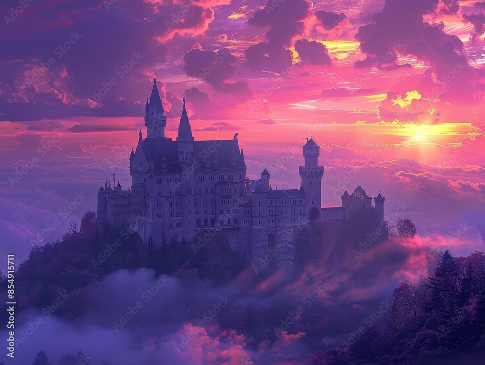 Fototapeta premium Fairy tale castle perched on a hilltop, with turrets and spires reaching towards a pink and purple sky