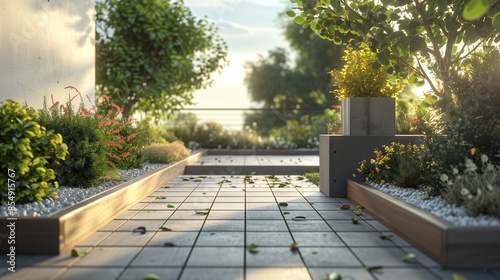 A tranquil urban Modern minimalistic garden featuring lush plants and a wooden deck , mockup 3d render exterior 