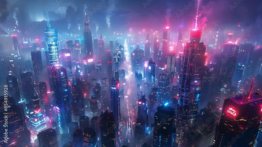 Obraz premium Futuristic cityscape with towering skyscrapers and advanced architecture, illuminated by neon lights