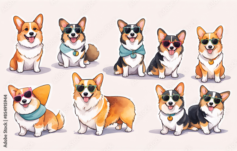 Four grid comics, Corgi dog or Border collie or German Shepherd Dog wearing different outfits, such as Sunglasses or bells, The illustration style is cute with soft colors and simple shapes. Each  one