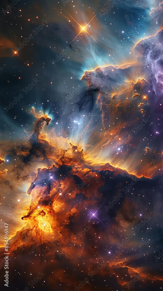 Galactic nebula with swirling colors and bright stars, creating a mesmerizing cosmic scene Galactic nebula with swirling colors and bright stars, creating a mesmerizing cosmic scene